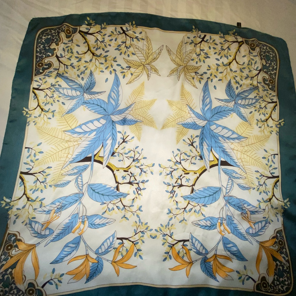Floral Silk Scarf With Blue And Yellow Leaves
